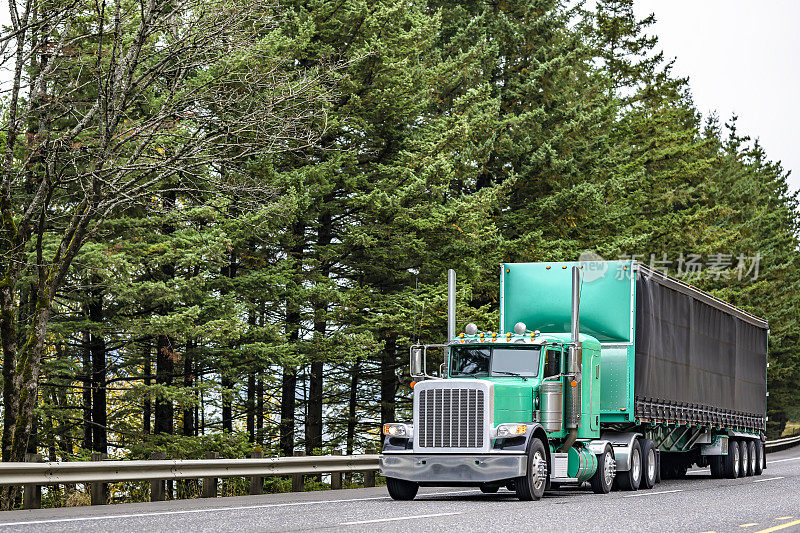 强大的经典美国大钻机绿色半挂车运输货物覆盖的篷布框架半挂车行驶在道路两旁的树木