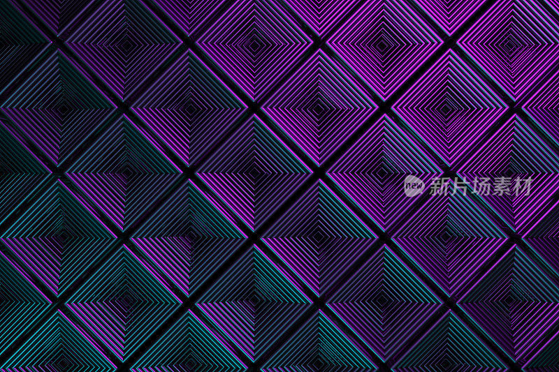 石棉未来的背景，霓虹灯立方体在紫色的背景。三维渲染图