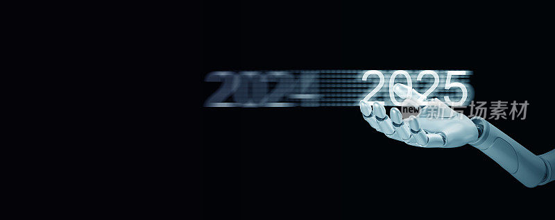2025年新年快乐。人工智能，Ai，机器人手握着日新月异的2024年进入2025年迎接即将到来的新科技时代。