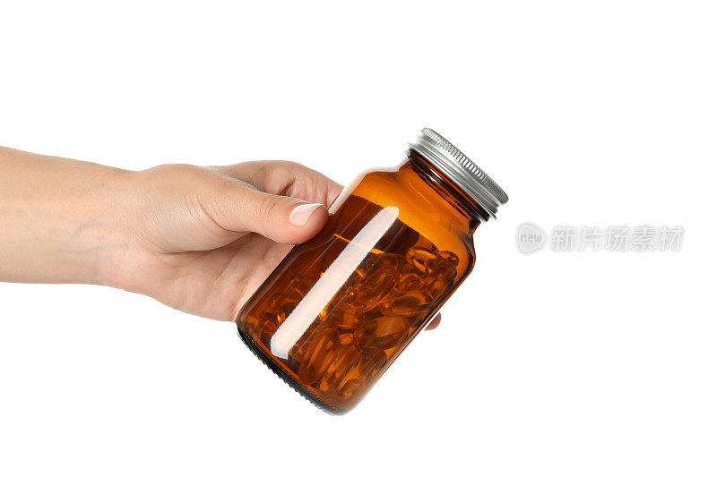 PNG，棕色瓶子与欧米茄药丸，分离在白色背景
