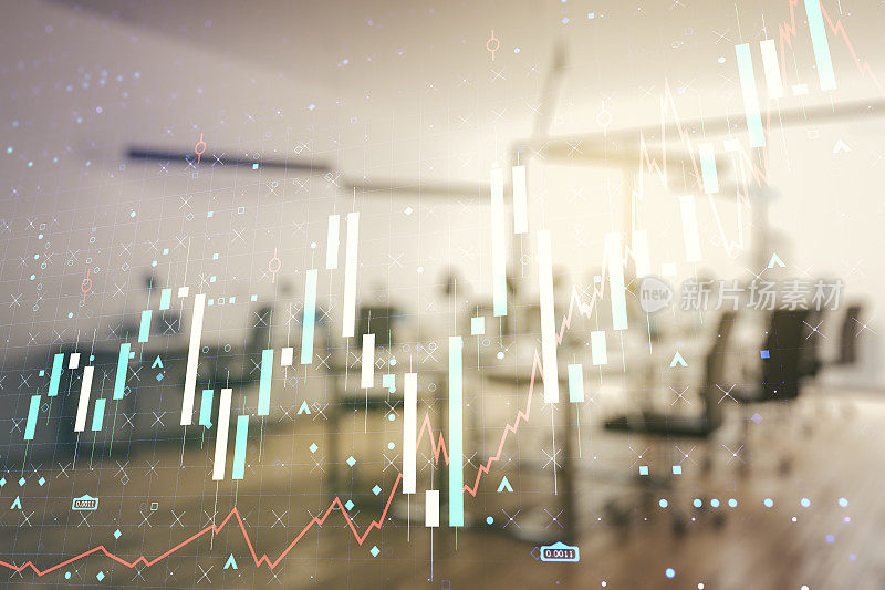 虚拟抽象财务图的多重曝光在现代办公室内背景，银行和会计概念