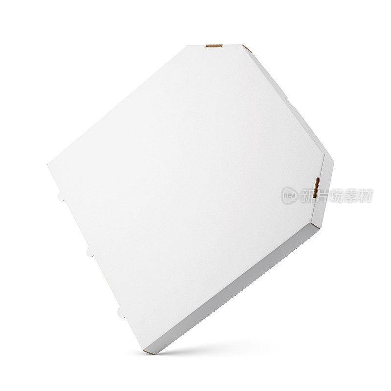 一个空白的白色纸板披萨盒孤立白色。前视图。悬浮。