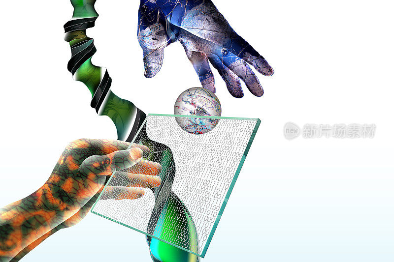 基因重组和纳米技术。一只半机械人的手拿着一块玻璃晶片。监视器显示一个二进制代码。背景是分子和细胞与DNA双螺旋和半机械人之手。