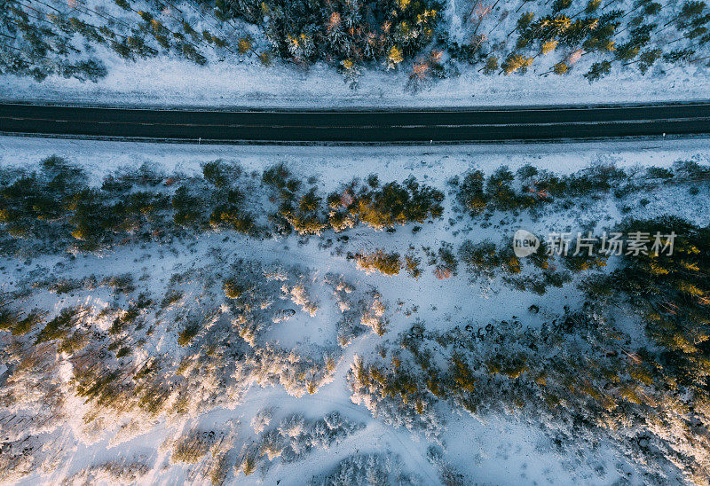 鸟瞰图的道路和森林在冬天的时间。来自空气的自然冬季景观。芬兰的风景从无人机