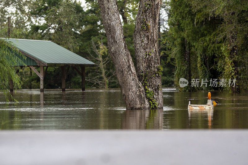 低角度拍摄的亭子和树与淹没反射标志在流动的洪水
