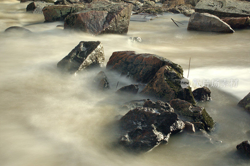 潺潺流淌的河水中尖锐的岩石