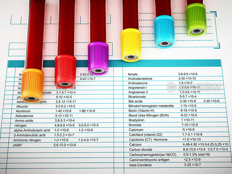 医学文件上有彩色盖子的血液试管