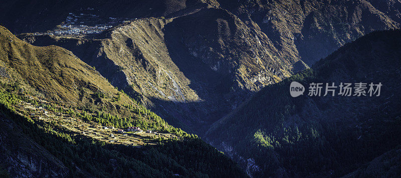 尼泊尔喜马拉雅夏尔巴人陡峭的昆布山谷村庄全景