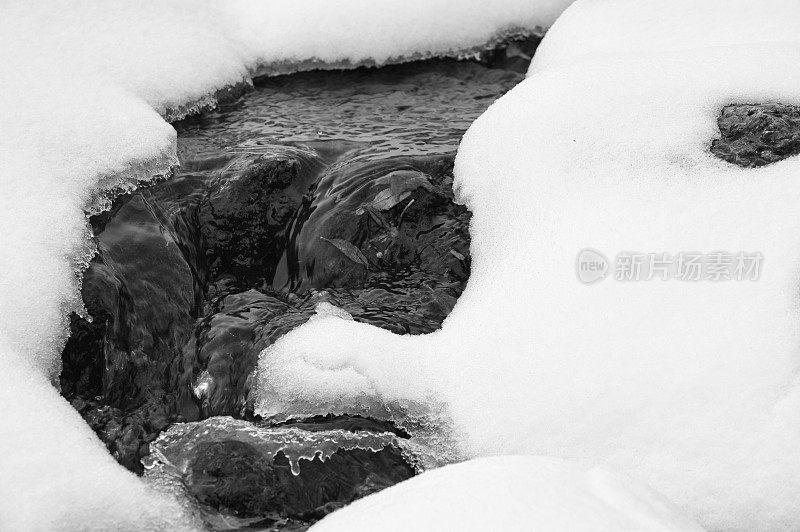 冬季山脉中在冰雪下流淌的小河