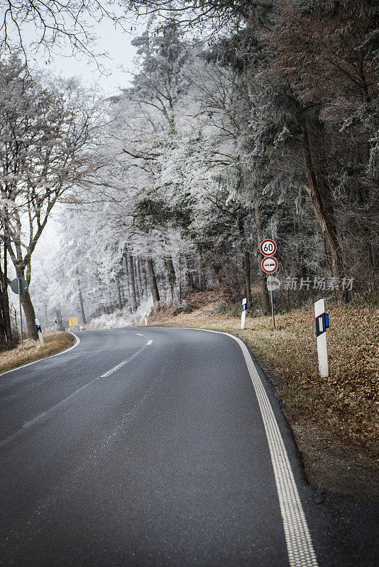 霜冻的树木和弯弯曲曲的道路