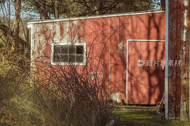 带门和窗的红色农场小屋，午后阳光