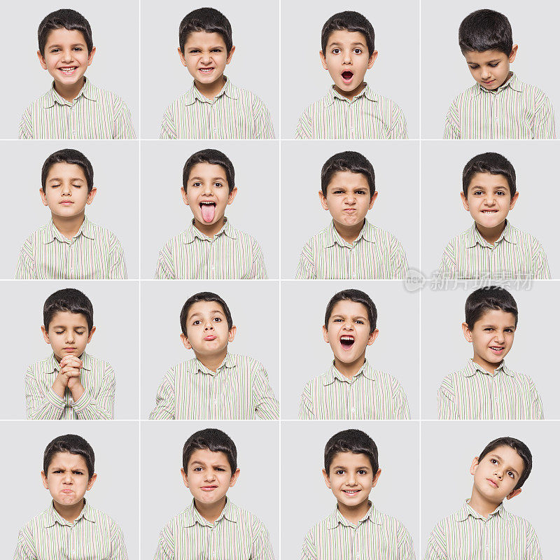 可爱的小男孩做各种各样的面部表情