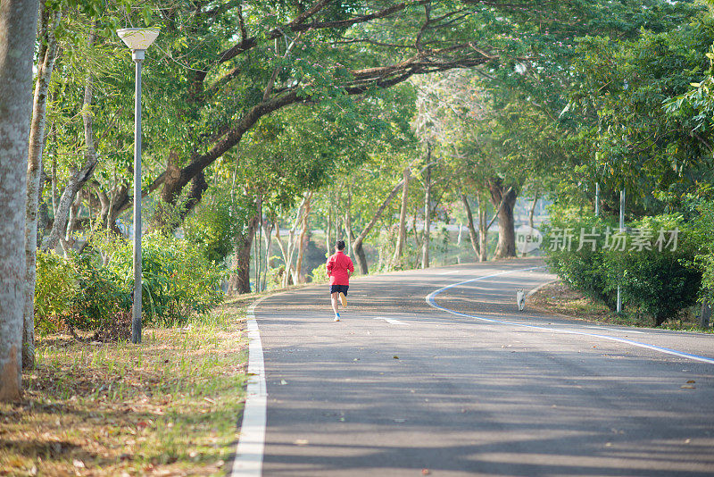 家庭运动快乐活跃的母亲和孩子在户外慢跑，在森林里跑步