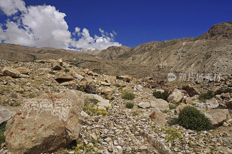 喜马拉雅山高海拔沙漠中的佛教祈祷石