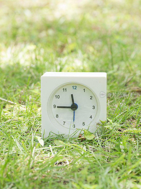 草坪上的白色简单时钟，11点45分11点45分