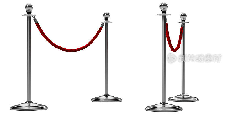障碍物绳隔离在白色上。银色或铬钢杆与红色围栏。透视图。奢侈,VIP的概念。设备事件。三维渲染