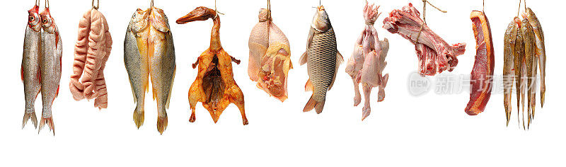 许多种类的鱼，肉类食物显示在白色的背景
