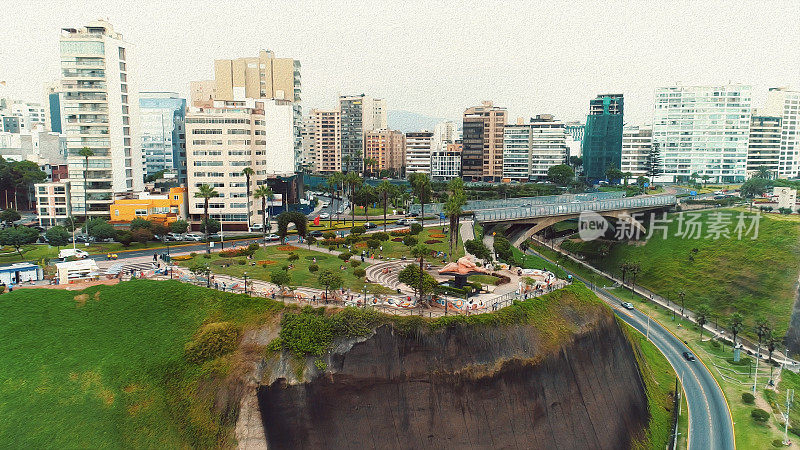 油画全景鸟瞰图米拉弗洛雷斯区海岸线在利马，秘鲁。