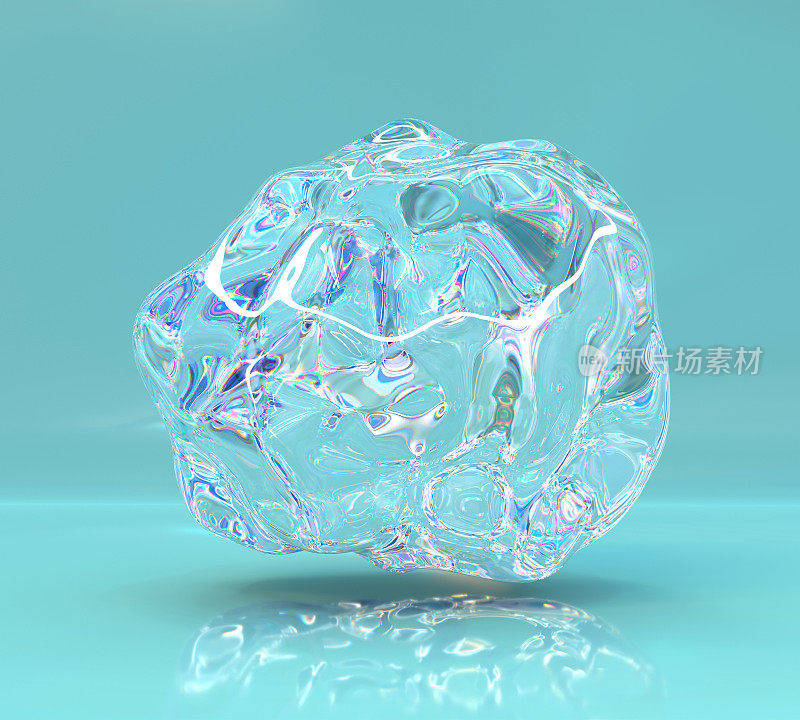 摘要圆形玻璃组成具有分散和虹彩效果的皱折形状。水晶球或球体，在绿松石背景上具有全息梯度的透明流体设计元素，3d渲染