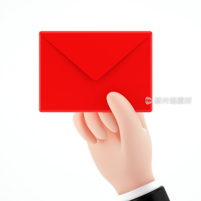 手拿信封。电子邮件消息，邮件投递，通知。3D手绘图孤立在白色上