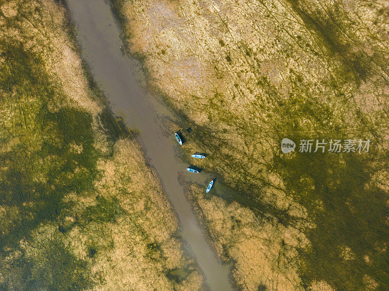 无人机在badland沼泽地的河流上看到的蓝色船只