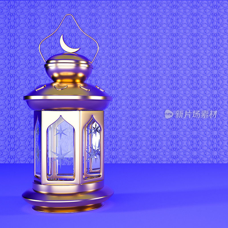 斋月背景与复制空间和金灯笼，3d渲染插图