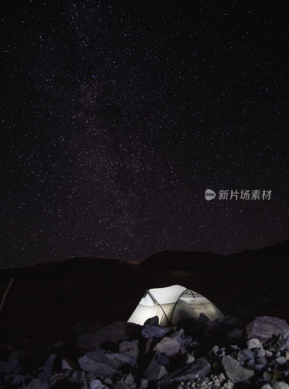 亚拉腊山坡上的夜景和游客帐篷，银河，夜晚露营的星空