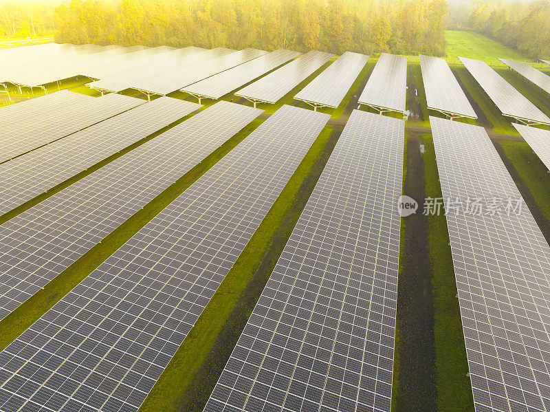 太阳能农场的鸟瞰图，生产清洁的可再生电力能源