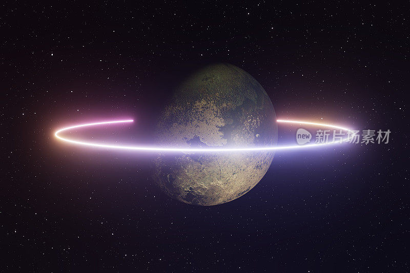 CGI，外太空的3D行星和霓虹灯环绕