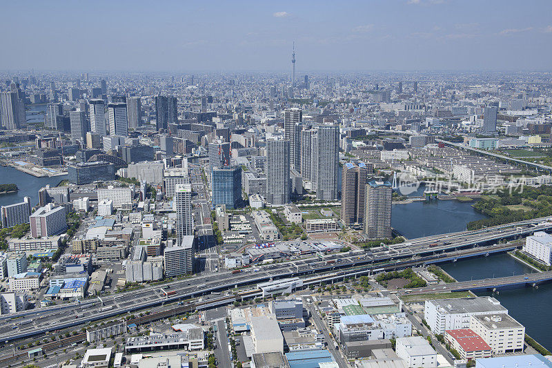 筱户站航拍自南侧朝天空树塔方向，东京琴东