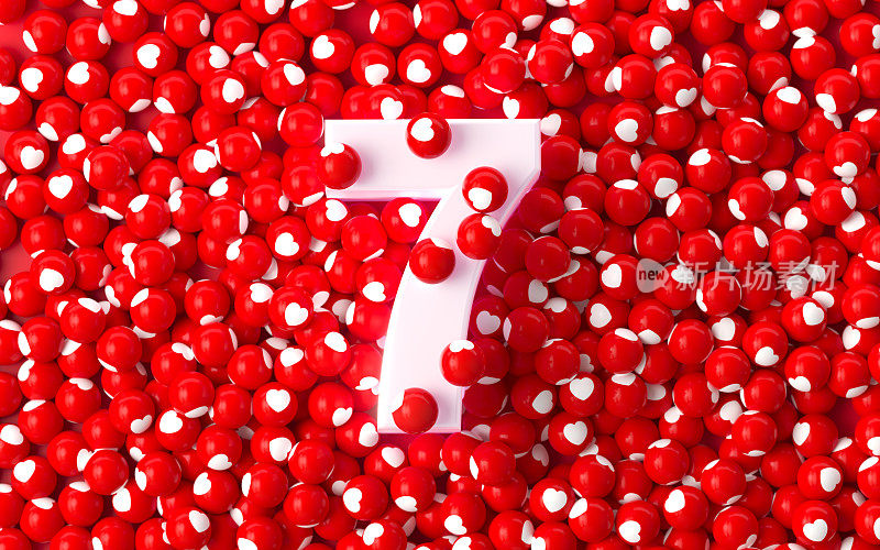 情人节背景-白色数字7被白色心形纹理的红色球体包围