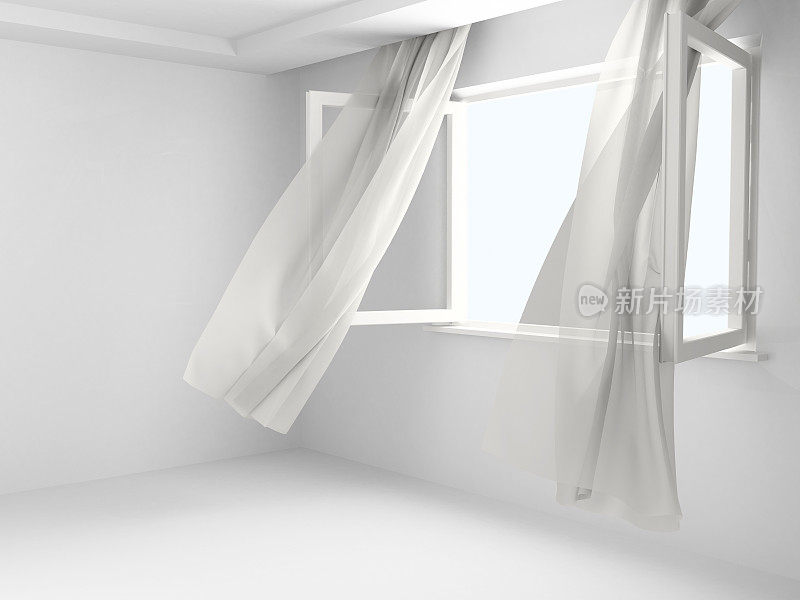 白色的房间，窗户开着，窗帘飘着