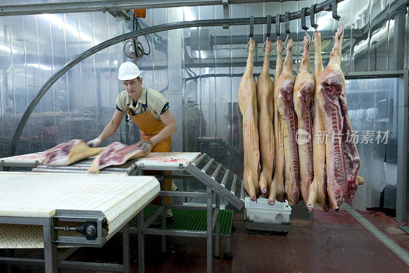 在食品加工厂切肉的屠夫