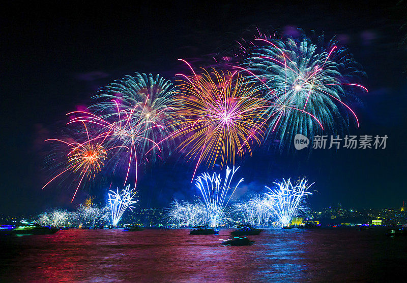 庆祝新年，烟花飘过大海