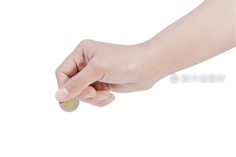 女人手里拿着一枚硬币孤立在白色背景上
