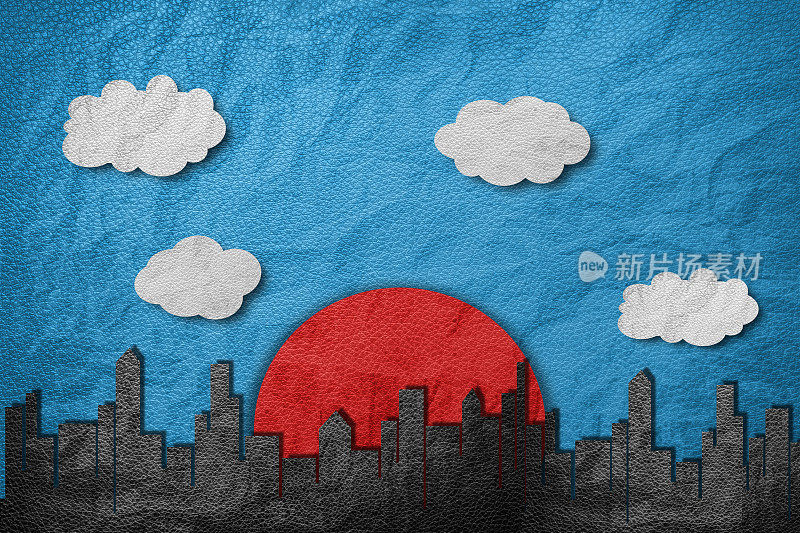 城市里的建筑物有红色的太阳，云彩和蓝色的天空
