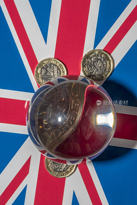 水晶球与新的英国1英镑硬币和英国国旗