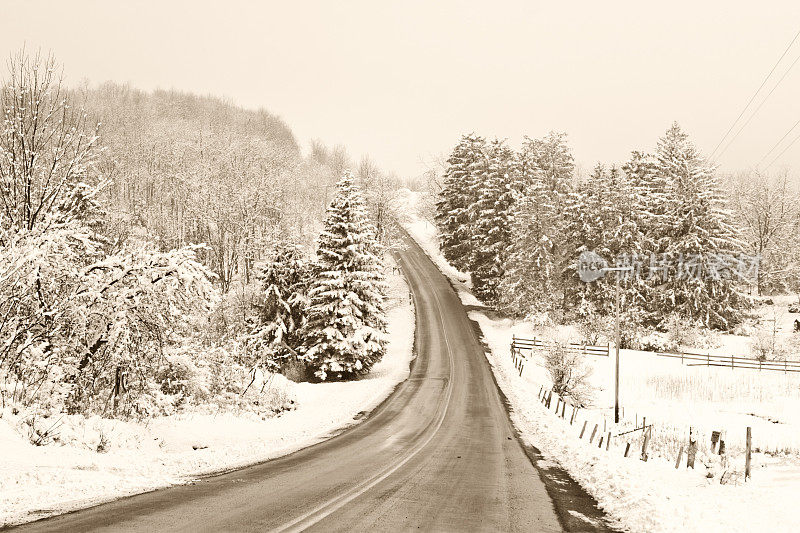 春天暴风雪中的乡间小路