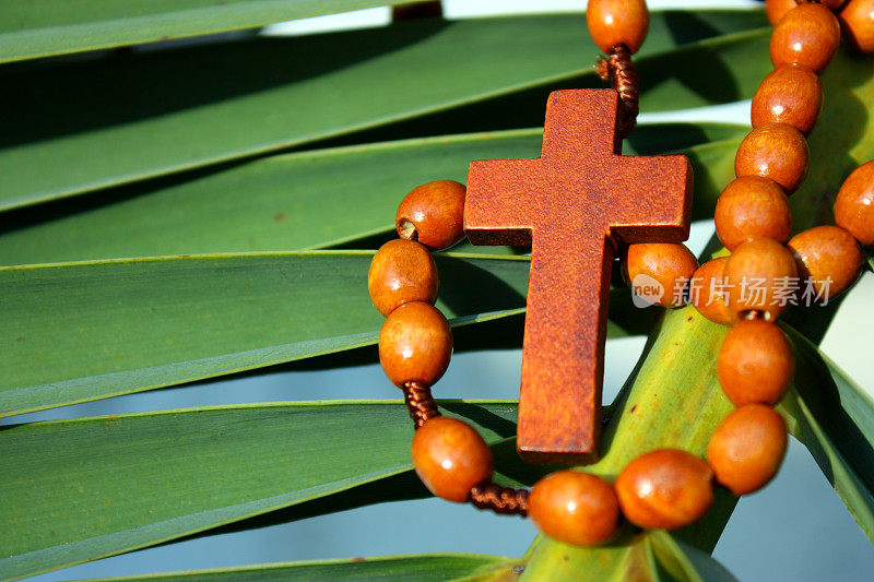 一条木制的十字架项链，包裹着一片绿色的棕榈叶