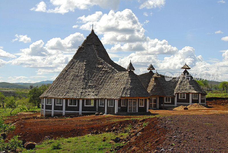 非洲农村有茅草屋顶的房子。