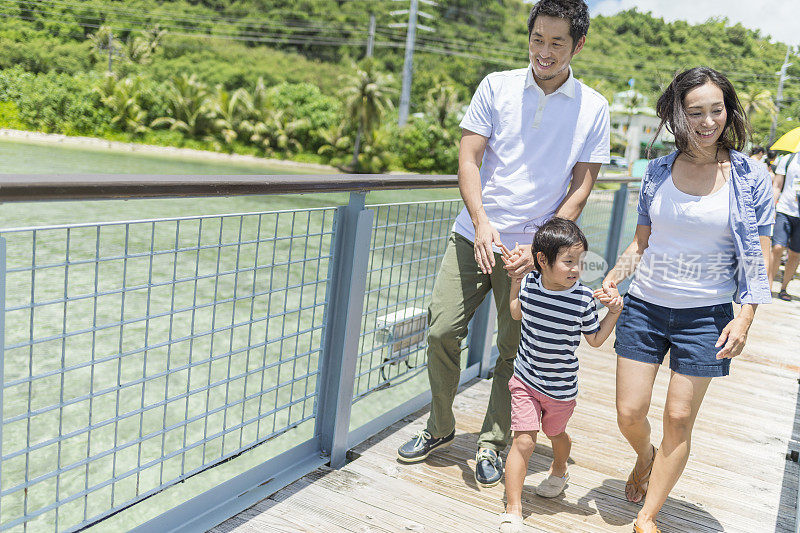 日本家庭微笑着走桥