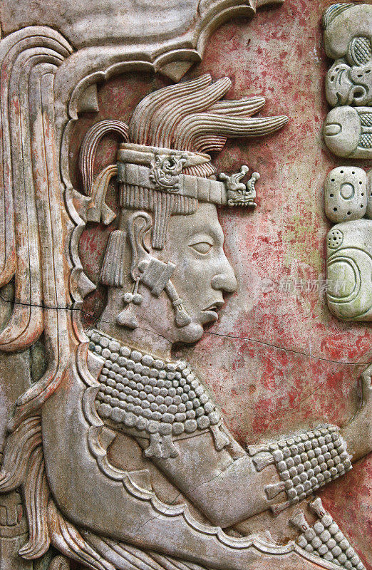 墨西哥恰帕斯的帕伦克，浅浮雕，玛雅国王雕刻