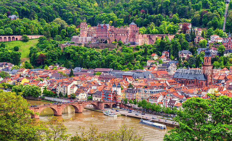美丽的中世纪小镇海德堡全景，包括卡尔西奥多老桥，内卡河，教堂的圣灵，德国