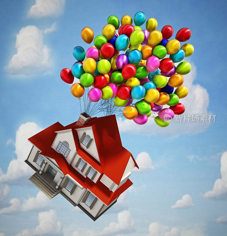 彩色的气球系在房子上