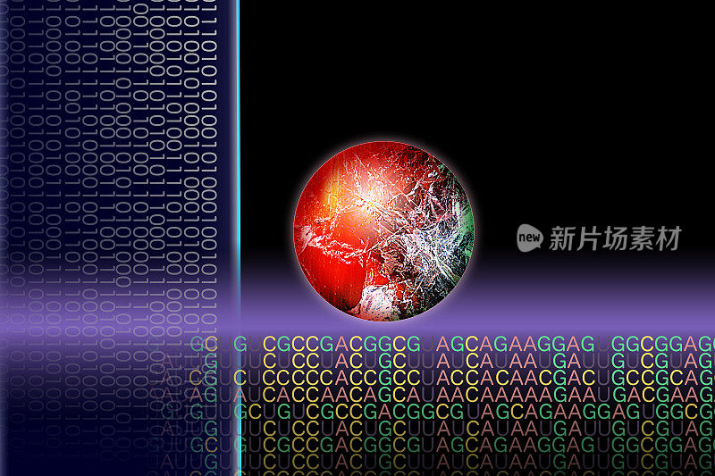 基因工程和纳米技术的图像。半机械人的手试图抓住分子和细胞。背景是信使rna的二进制码和基码。