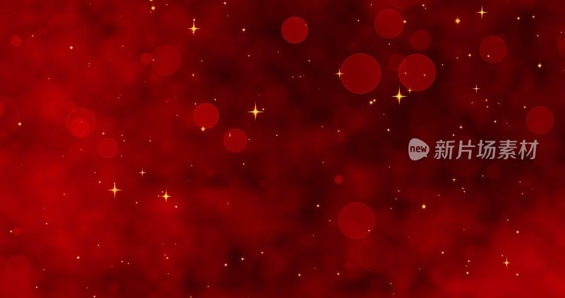 红色的五彩纸屑，雪花和散景灯在红色的圣诞快乐的背景。神奇的新年快乐纹理。三维渲染