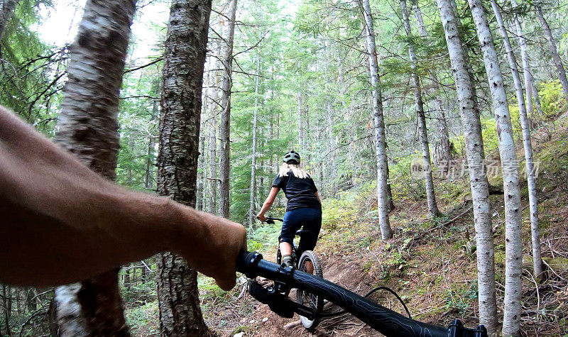 女山地自行车骑在通过森林的道路上