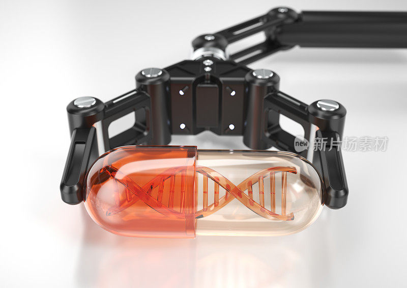 机器人手臂上有带DNA的橙色药丸