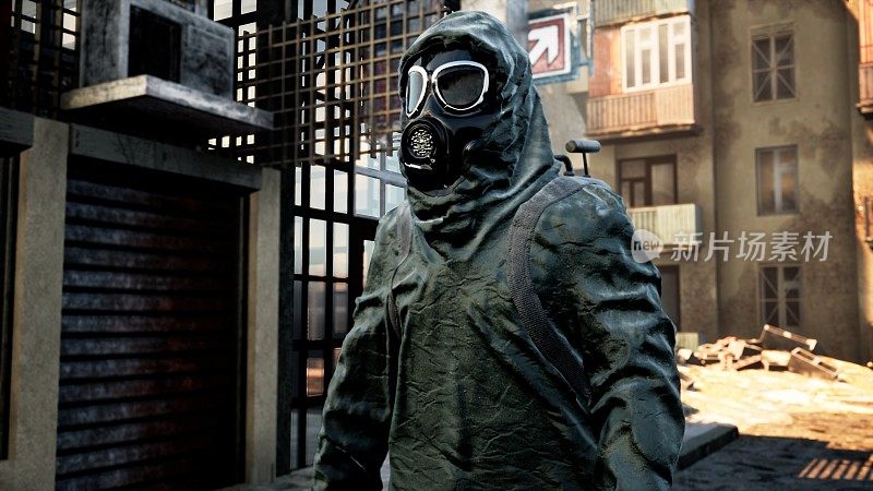 一名身穿军装、戴着防毒面具的流浪男子正穿过这座被毁的城市。核战争后世界末日的概念。三维渲染