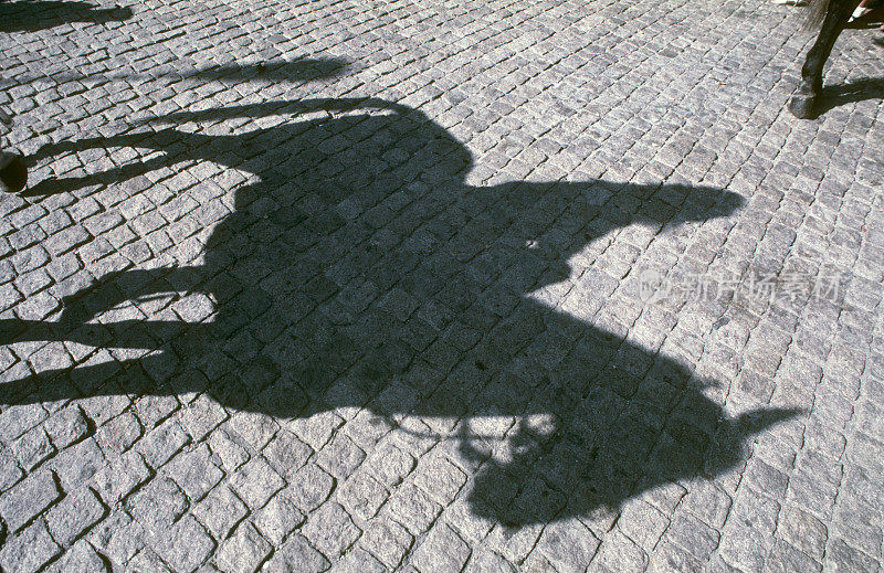 一个骑马者的影子在葡萄牙的鹅卵石街道上